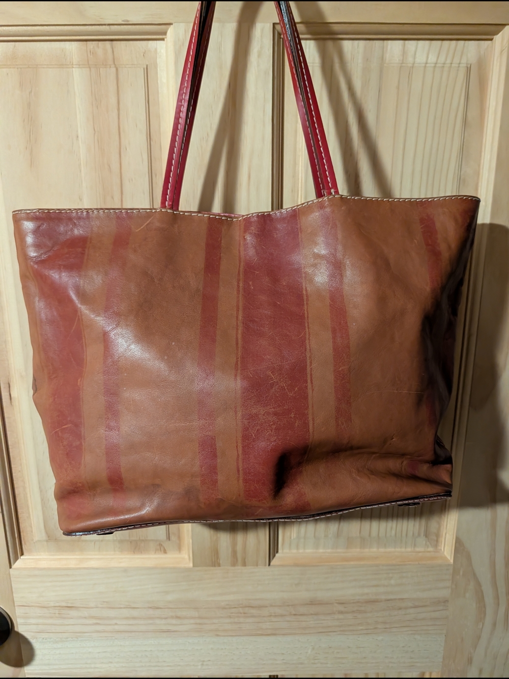 Maurizio Taiuti Leather Striped Tote in Brown and Red - Picture 2 of 8